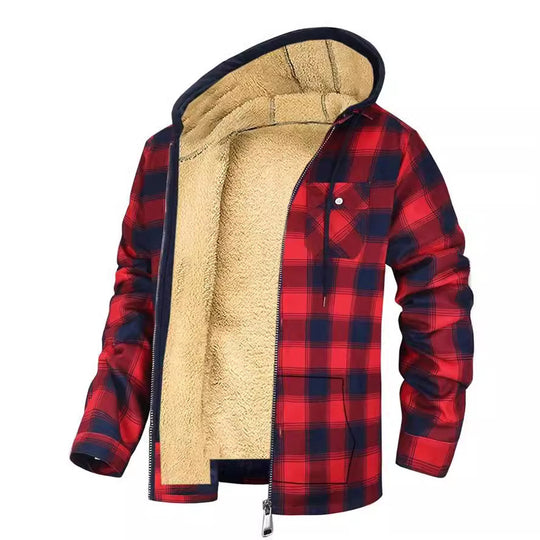 131 Men's Plaid Print Hooded Zip-Up Jacket Winter Thickened Cotton-padded Coat Warm Clothing