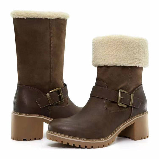 128 Fashion Boots With Buckle Chunky Heel Shoes Warm Winter Round Toe Western Boots For Women