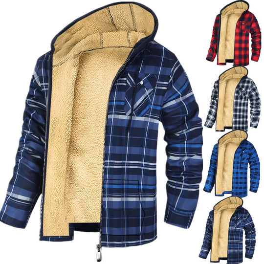 131 Men's Plaid Print Hooded Zip-Up Jacket Winter Thickened Cotton-padded Coat Warm Clothing