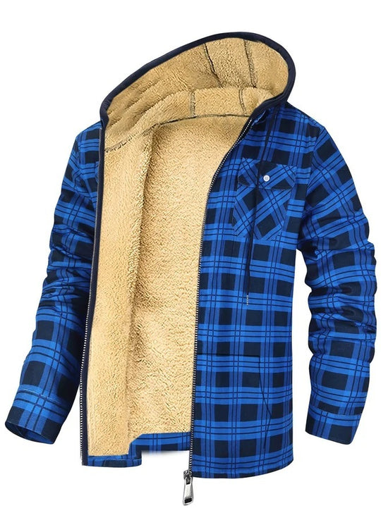 131 Men's Plaid Print Hooded Zip-Up Jacket Winter Thickened Cotton-padded Coat Warm Clothing