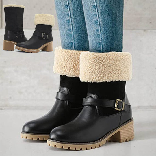 128 Fashion Boots With Buckle Chunky Heel Shoes Warm Winter Round Toe Western Boots For Women