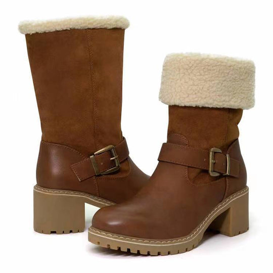 128 Fashion Boots With Buckle Chunky Heel Shoes Warm Winter Round Toe Western Boots For Women