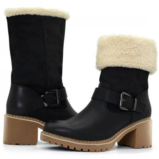 128 Fashion Boots With Buckle Chunky Heel Shoes Warm Winter Round Toe Western Boots For Women