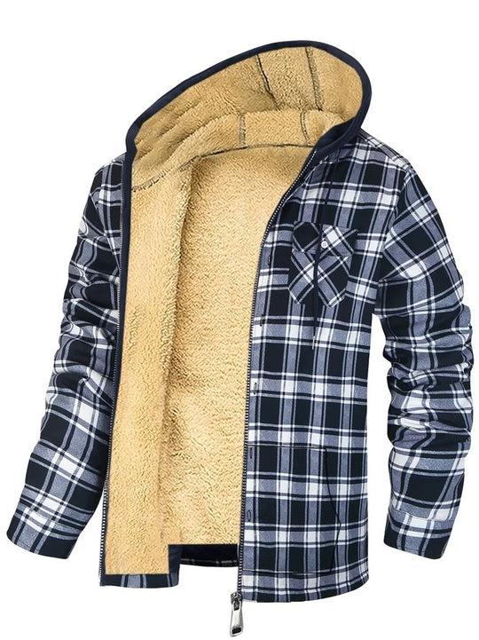 131 Men's Plaid Print Hooded Zip-Up Jacket Winter Thickened Cotton-padded Coat Warm Clothing