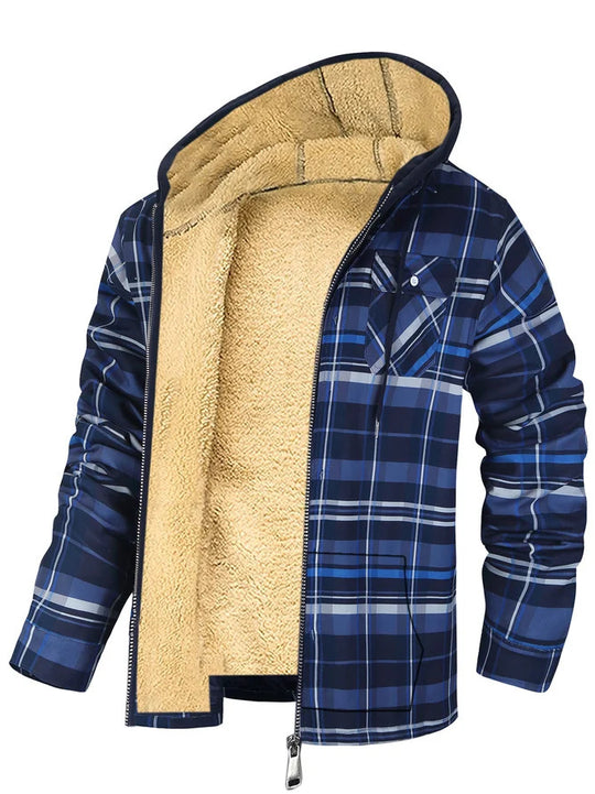 131 Men's Plaid Print Hooded Zip-Up Jacket Winter Thickened Cotton-padded Coat Warm Clothing